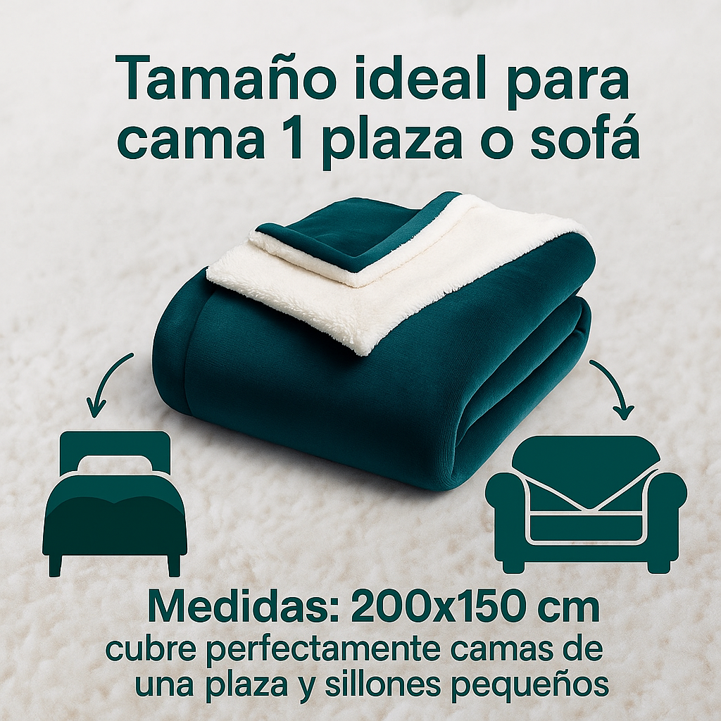 🛋️ Frazada Manta Polar Reversible con Corderito – 1 Plaza (200 × 150 cm) – Verde Oscuro