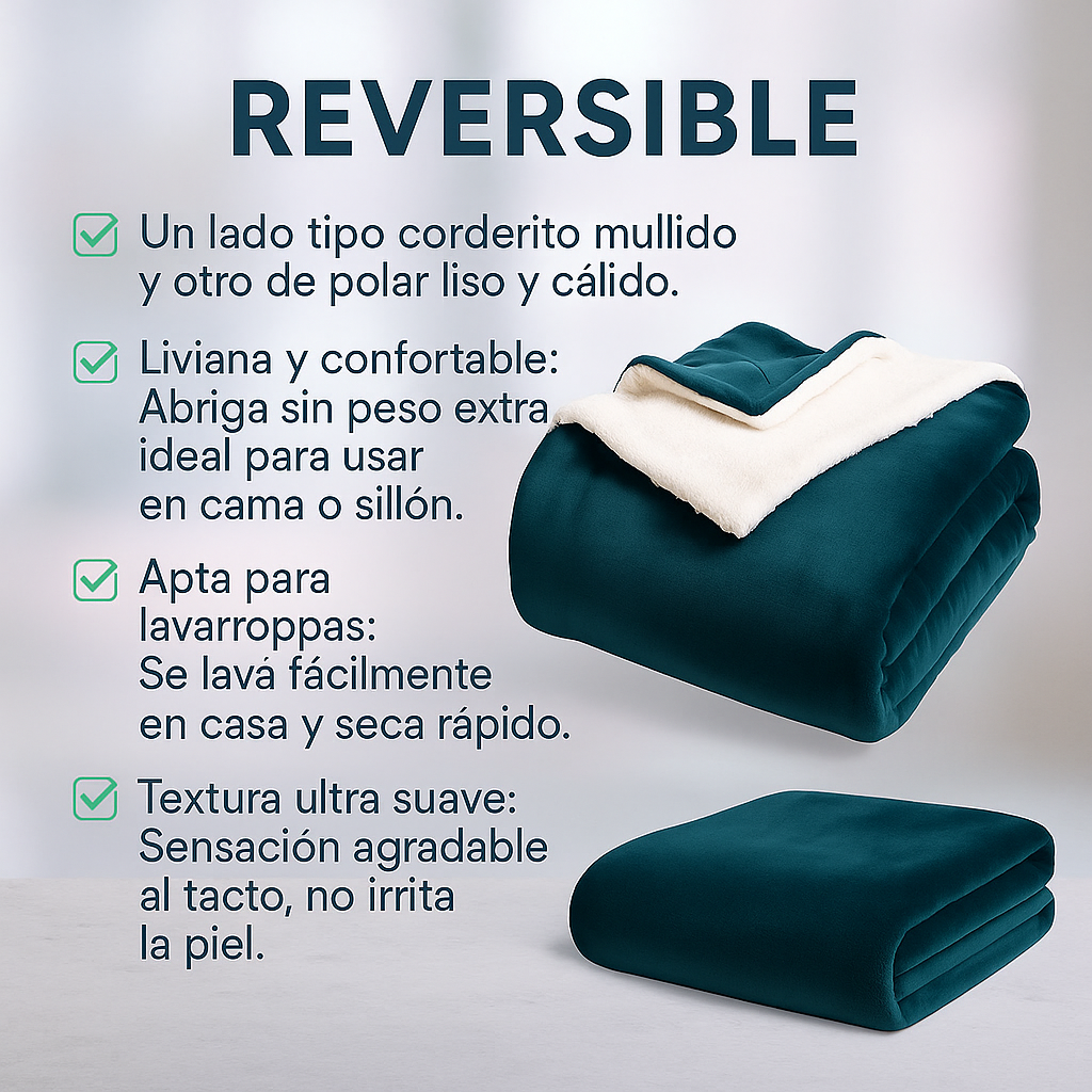 🛋️ Frazada Manta Polar Reversible con Corderito – 1 Plaza (200 × 150 cm) – Verde Oscuro