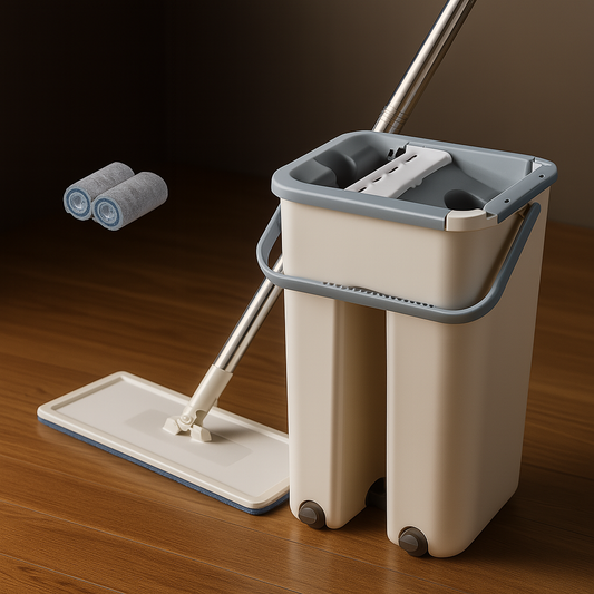🧼 Mopa Fregona Plana con Balde y Sistema de Escurrido Automático – Color Crema 🪣✨