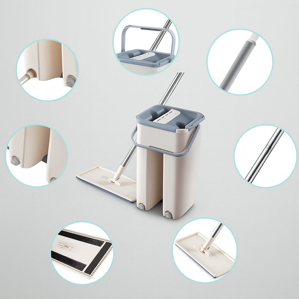 🧼 Mopa Fregona Plana con Balde y Sistema de Escurrido Automático – Color Crema 🪣✨