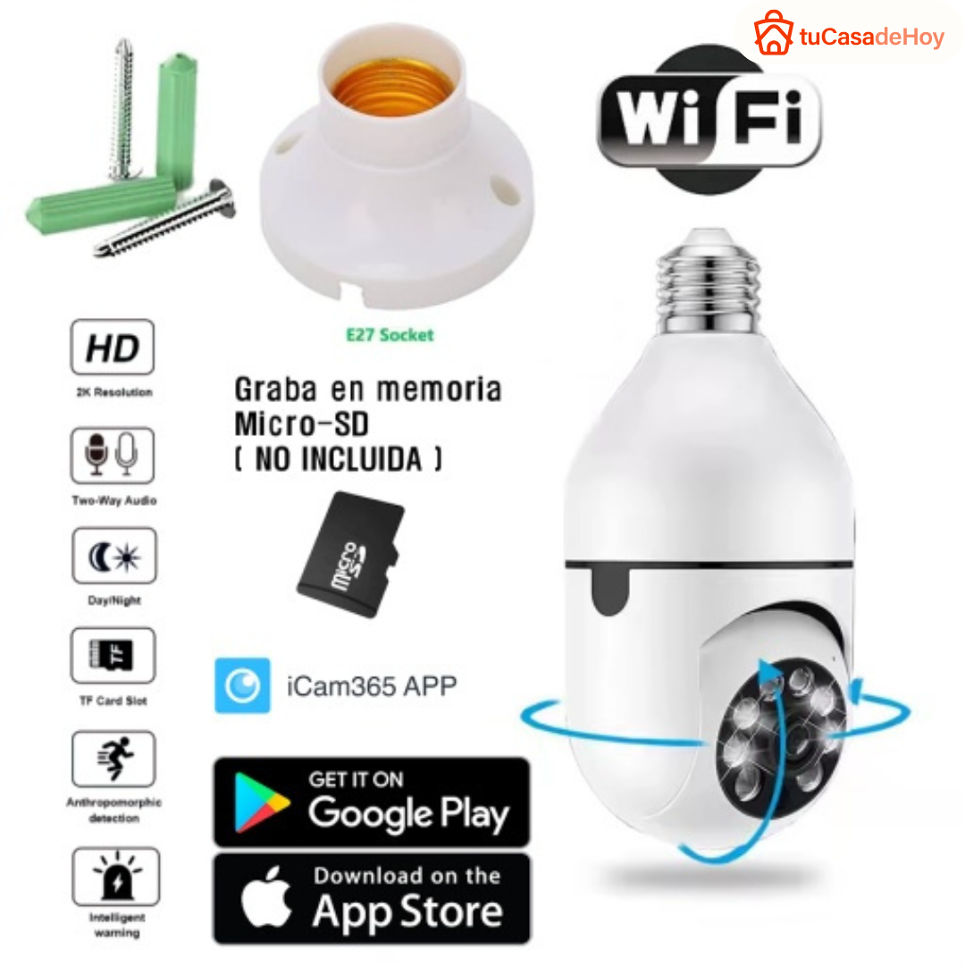 🔒✨ Cámara WiFi 2K HD Tipo Bombita Inteligente – ¡Seguridad 360° para tu hogar! 💡📹