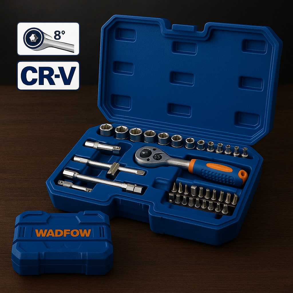 🔧 Set Profesional de 45 Piezas – Dados, Crique y Puntas WADFOW (1/4")