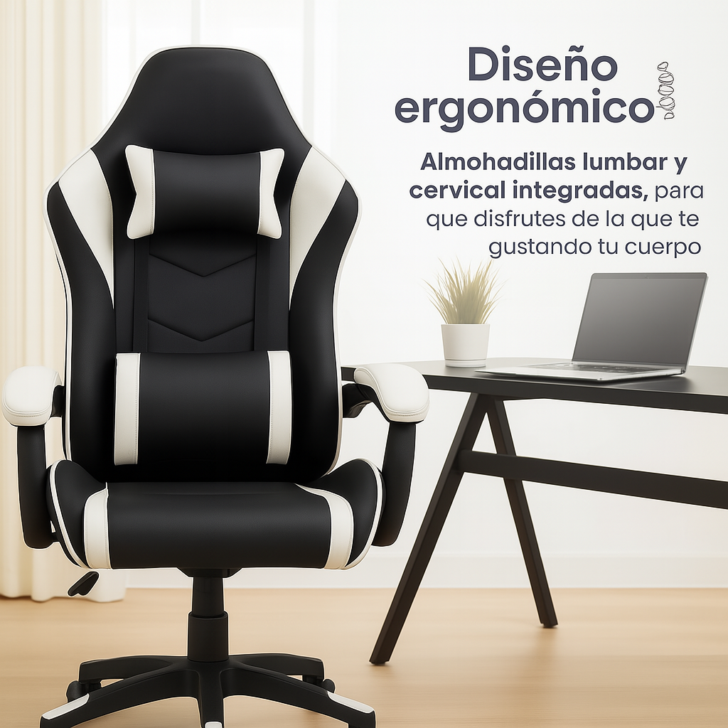 🎮 Silla Gamer PRO Giratoria Blanco y Negro 🖤🤍